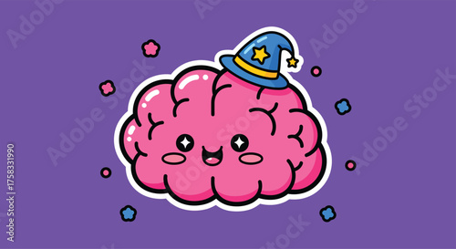 Smiling brain wearing wizard hat floats amidst stars against purple backdrop, conveying concept of magical thinking and creative inspiration.