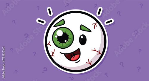 Cartoon eyeball smiles on purple background surrounded by question marks, creating a playful and whimsical mood.