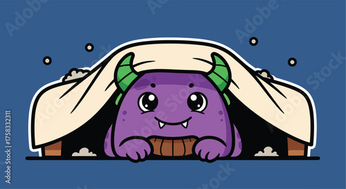 Cute purple monster hiding under a blanket in a cozy room, looking adorable and slightly mischievous in a playful scene.