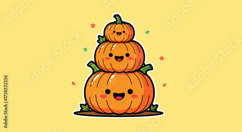 Stack of cute pumpkins smiling cheerfully on a light yellow surface with confetti, creating a festive and playful autumn scene.