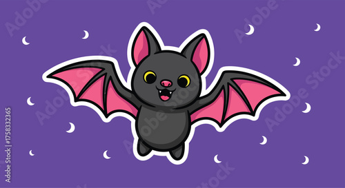 Cute bat flying in the night sky with crescent moons, spreading its pink wings in a whimsical and playful halloween scene.