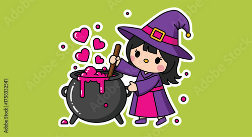 Cute witch stirring a love potion in a cauldron with pink hearts floating around on a green background, creating a whimsical and magical scene.