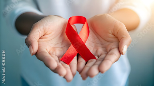 hands holding red awareness ribbon representing world aids day and support for hiv awareness
