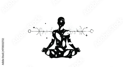 Meditating silhouette filled with celestial patterns and leaves, symbolizing inner peace and cosmic connection.