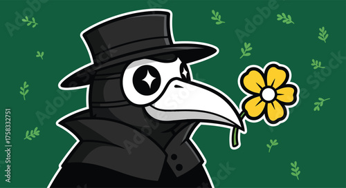 Plague doctor holding yellow flower in beak against green backdrop with leaves, symbolizing hope and resilience during challenging times.