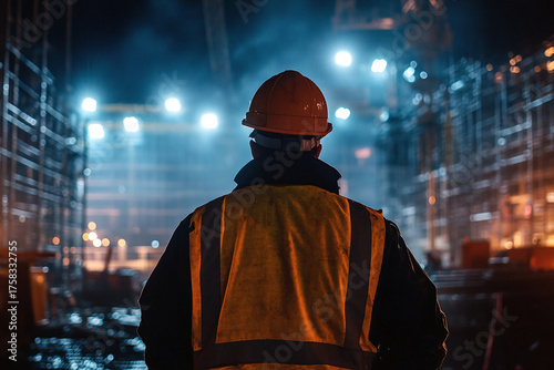 A crane construction operator works late into the night. Heavy machinery excavator operator, wearing a high-visibility safety vest and helmet	