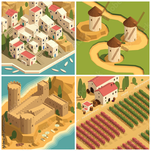 Grid of four Spain isometric landmark scenes realistic style composition