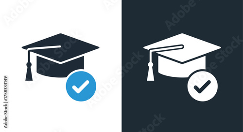 Graduation cap with checkmark icon set approved achievement education success symbol -  Glyph solid icon - Editable modern style icon.