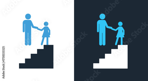 Two blue stick figures on stairs shaking hands diverse backgrounds mentorship support guidance icon -  Glyph solid icon - Editable modern style icon.
