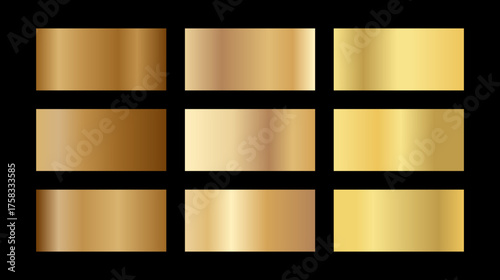 Swatch gold gradient vector set. Gold metallic texture, bronze gradients. Shiny gradient backgrounds. Rectangular swatches for luxury design, background, overlay