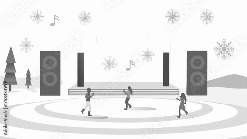 Winter concert scene with people dancing snowflakes trees speakers and stage in grayscale illustration