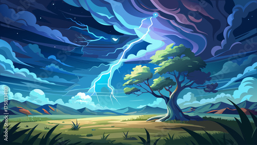 Lightning striking a lone tree in an open field, grass glowing from flash, storm clouds swirling above, powerful and emotional nature scene filled with motion