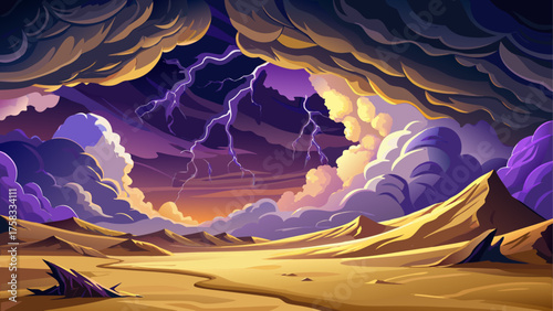Massive thunderstorm over desert dunes, lightning illuminating golden sand, dark purple clouds rolling across horizon, mysterious and surreal atmosphere full of motion and heat