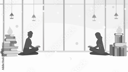 Two people reading books next to stacks of books with lanterns hanging in front of large windows indoors