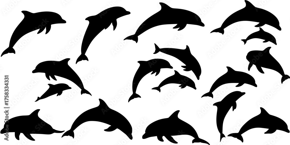 Fototapeta premium Dolphin silhouette vector pattern featuring marine life in black and white