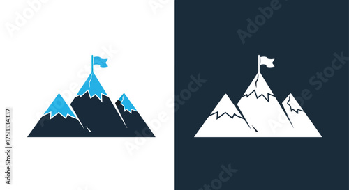 Mountain peak flag icons set represents success achievement goal and summit reached -  Glyph solid icon - Editable modern style icon.