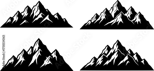 Mountain range silhouette vector set in black and white of rocky peaks and landscape elements for outdoor adventure themes.