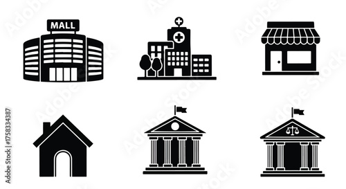 Set of diverse building icons for web and app design commerce residential government -  Glyph solid icon - Editable modern style icon.