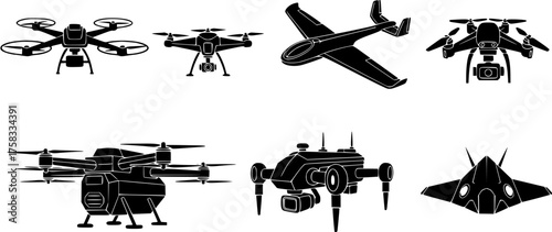 Black silhouette icon set showing various drones and aircrafts.