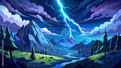 Lightning bolts striking across a mountain valley at night, glowing blue sky illuminating dark clouds, rain falling in distance, dramatic and powerful natural thunderstorm scene