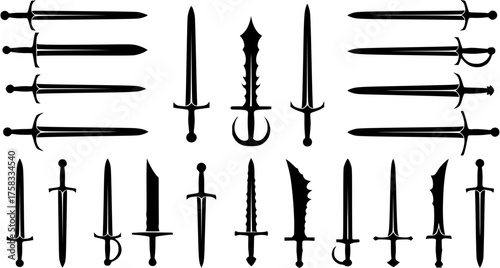 Set of various sword silhouette vector icons isolated on white background