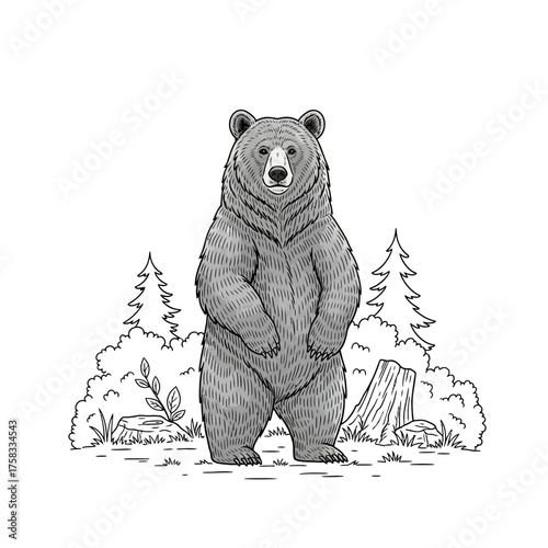 Majestic bear character standing calmly in a natural hand drawn illustration style with fine details