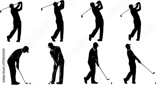 Set of black silhouette vector illustrations depicting different poses of a golfer during a swing