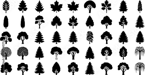Collection of diverse tree silhouettes, including deciduous and coniferous, in a flat icon style for nature and landscape design.