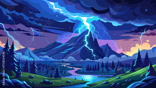 Lightning bolts striking across a mountain valley at night, glowing blue sky illuminating dark clouds, rain falling in distance, dramatic and powerful natural thunderstorm scene