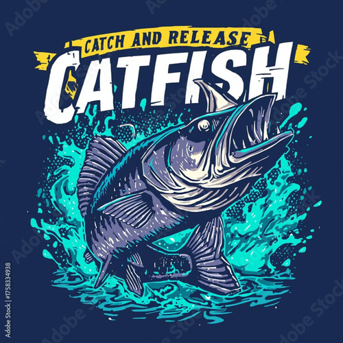 Catch and release catfish, a vector illustration of a catfish jumping out of the water