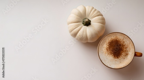 Autumn composition. Cup of coffee, pumpkins, and spices on a white background. Flat lay, top view. Pumpkin latte or cappuccino with cinnamon.