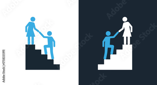 Teamwork ascending stairs helping hand leadership support collaboration growth success icons -  Glyph solid icon - Editable modern style icon.