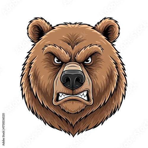 Grumpy grizzly bear character headshot in a detailed photorealistic illustration on a white background