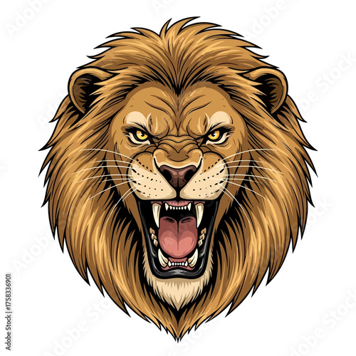 Photorealistic illustration of a lion character headshot roaring fiercely isolated on a pure white background