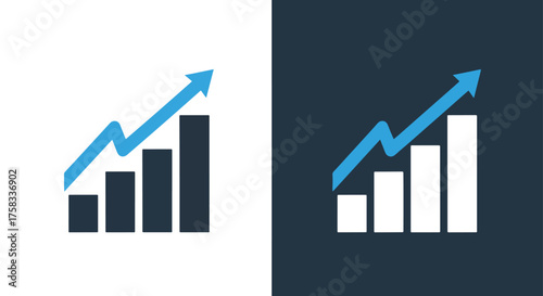Upward trend bar chart with blue arrow icon for growth and success concepts -  Glyph solid icon - Editable modern style icon.
