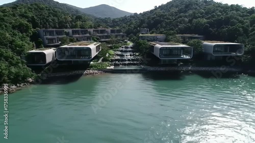 Modern resort on ocean with green roof.