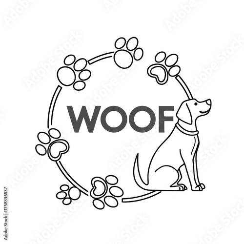 Canine Reverie: A charming graphic features a contented dog gazing towards the sky, surrounded by a paw print wreath and the playful word WOOF - a celebration of man's best friend.