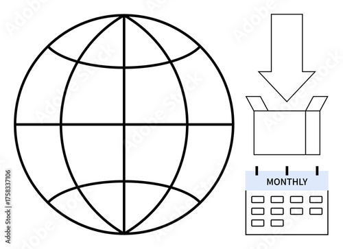 Globe illustration, arrow pointing to box, and calendar labeled Monthly. Ideal for delivery, global distribution, e-commerce, subscriptions, schedule planning, supply chain simple flat metaphor