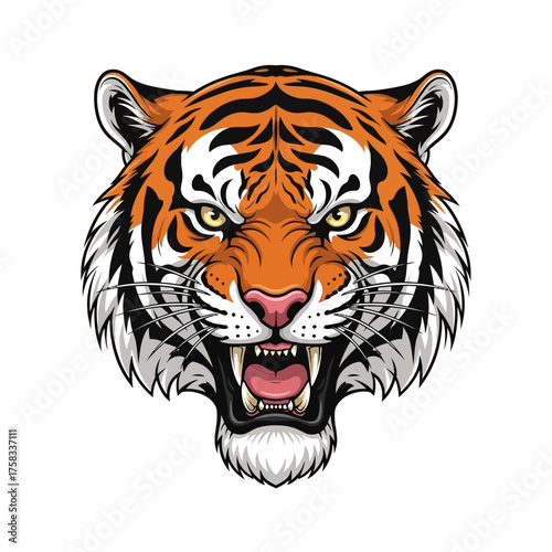 Photorealistic illustration of a tiger character headshot snarling aggressively on a pure white background