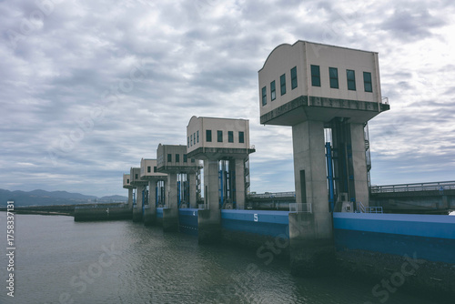 Isahaya Bay reclamation floodgate structure in Nagasaki Prefecture, Japan