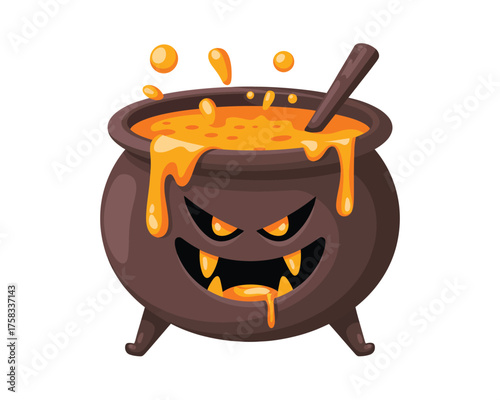 Spooky halloween witch cauldron with bubbling potion and evil face