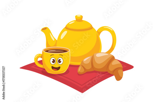 Happy cartoon coffee cup teapot and croissant on a red napkin