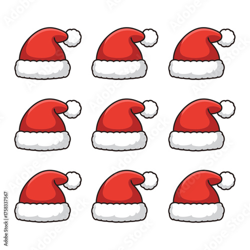 Holiday Santa Hat Array: A cheerful arrangement of nine festive Santa hats, each adorned with the iconic red fabric and fluffy white trim. Capturing the spirit of joy and the holiday season.