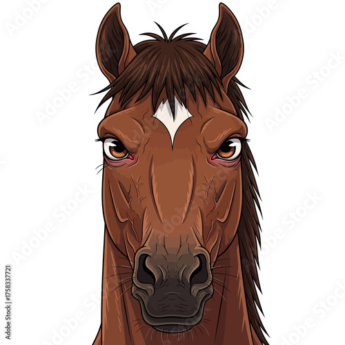 Photorealistic illustration of a horse character headshot with a stubborn expression on a white background