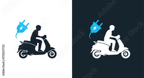 Modern electric scooter rider silhouette with glowing energy symbol icon set -  Glyph solid icon - Editable modern style icon.