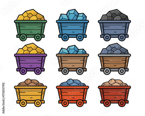 Collection of nine cartoon mining carts filled with different colored minerals and coal