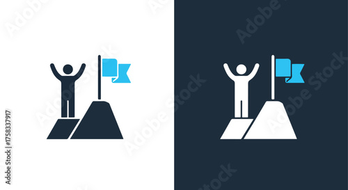 Icon set celebrating achievement and success with a person raising arms on mountain top with flag -  Glyph solid icon - Editable modern style icon.