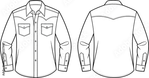 Scalable vector illustration of a men's western style long sleeve shirt front and back views eps silhouette vector illustration white background