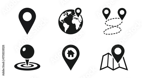 Collection of six distinct black location pointer icons for maps and navigation applications -  Glyph solid icon - Editable modern style icon.