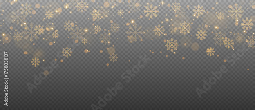 Christmas decoration with golden falling snow. Golden snowflakes, seamless frame. Falling snowflakes. Vector graphics.